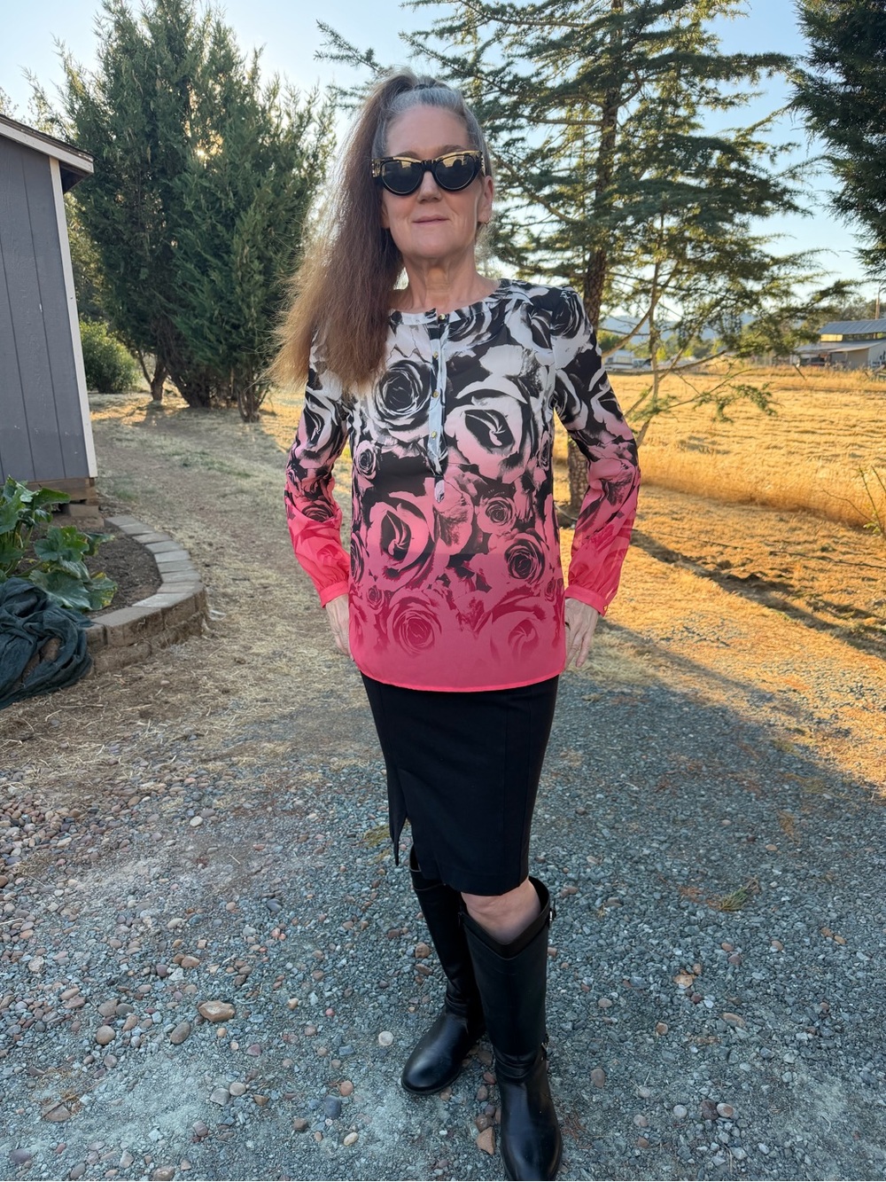 A.N.A. Floral Ombre Long-Sleeve Blouse - Pink/Black and white background.
